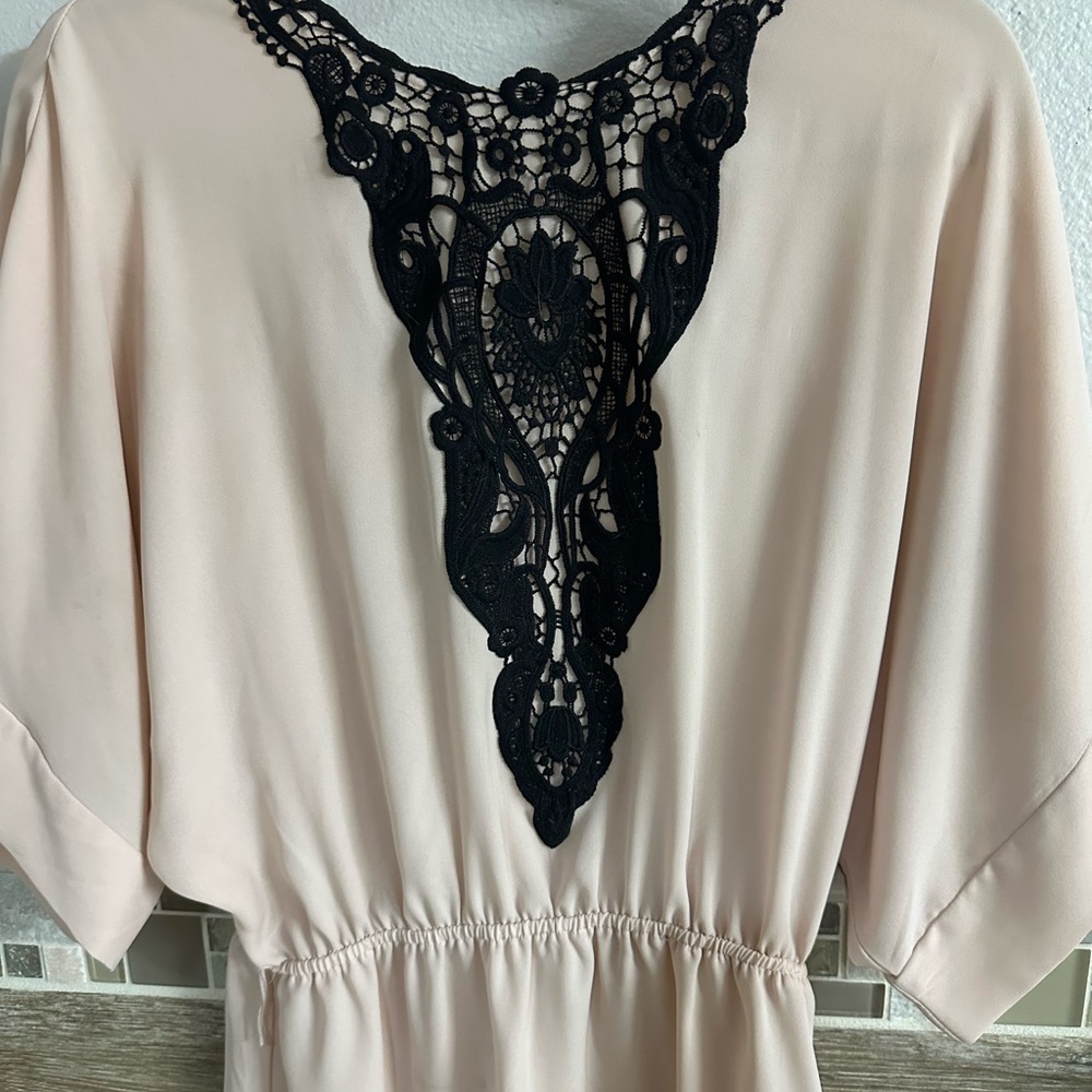Cream Blouse with Black Lace Accent